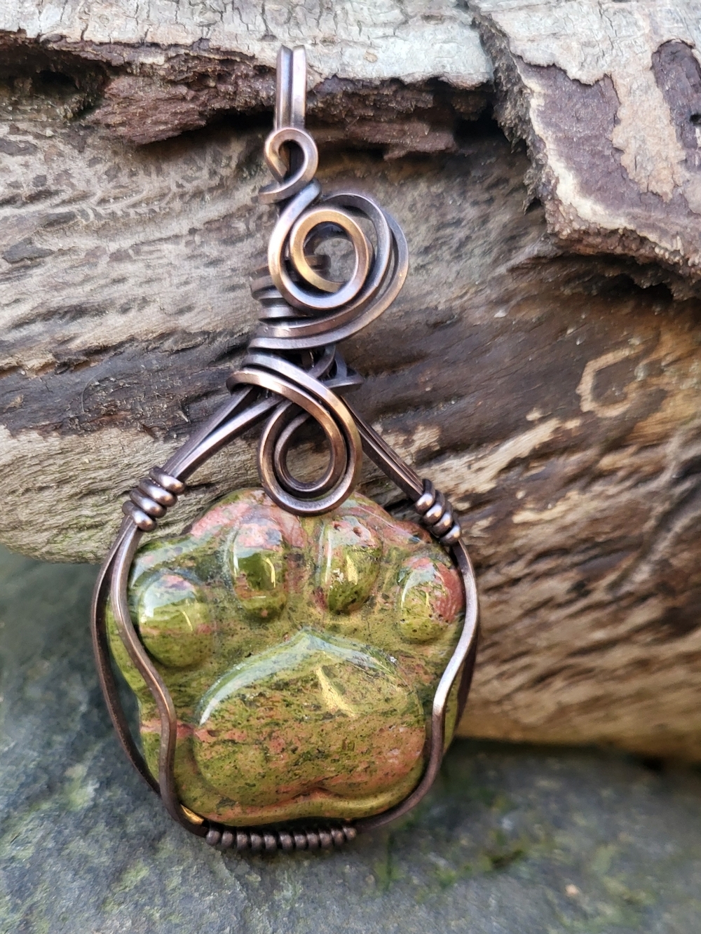 Unakite Jasper Puppy Paw Print Pendant Necklace
